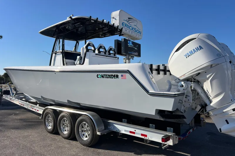  Yacht Photos Pics 2026 Contender 35 ST boat on trailer with Yamaha engines at Erickson Marine.