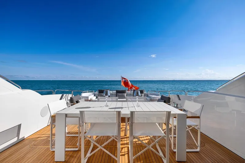 Skyfall Yacht Photos Pics Luxurious Sunseeker Predator 108 yacht deck with ocean view, 2008 model.