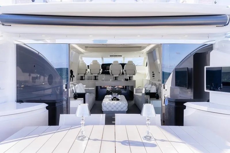 Skyfall Yacht Photos Pics Luxurious interior of 2008 Sunseeker Predator 108 yacht with elegant seating and modern design.