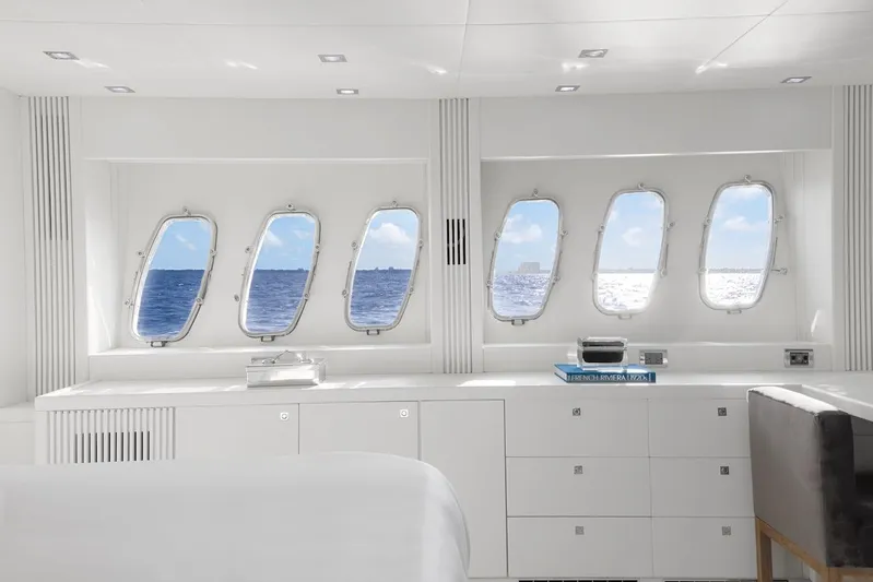 Skyfall Yacht Photos Pics Luxurious interior of 2008 Sunseeker Predator 108 yacht with ocean view windows.