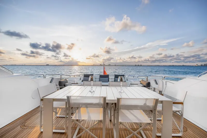 Skyfall Yacht Photos Pics Sunseeker Predator 108 yacht deck with ocean view at sunset, 2008 model.