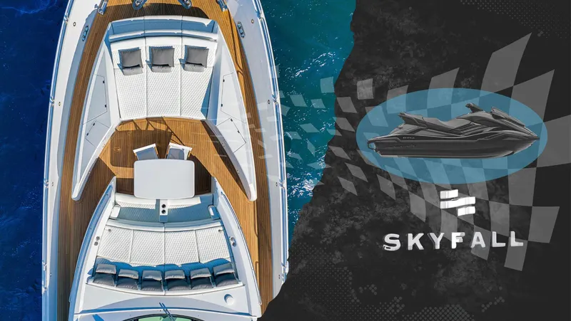 Skyfall Yacht Photos Pics Sunseeker Predator 108 yacht, 2008 model, aerial view with "Skyfall" branding and jet ski illustration.