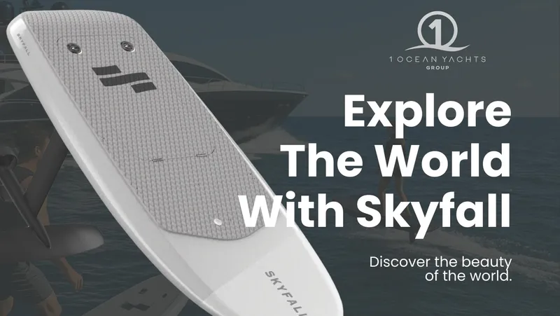 Skyfall Yacht Photos Pics Sunseeker Predator 108 yacht with Skyfall surfboard, promoting ocean exploration and adventure.