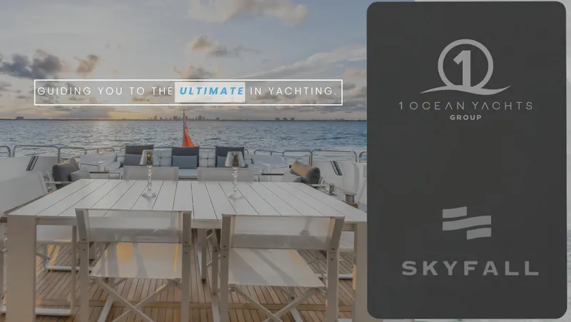 Skyfall Yacht Photos Pics Sunseeker Predator 108 yacht deck with ocean view, 1 Ocean Yachts Group logo, 2008 model.