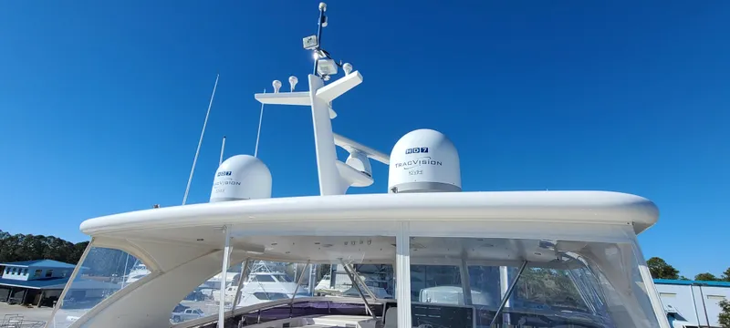  Yacht Photos Pics 2017 Horizon PC60 yacht with radar domes and antennas against a clear blue sky.
