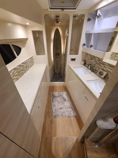  Yacht Photos Pics Luxurious bathroom in 2017 Horizon PC60 yacht, featuring modern fixtures and elegant design.