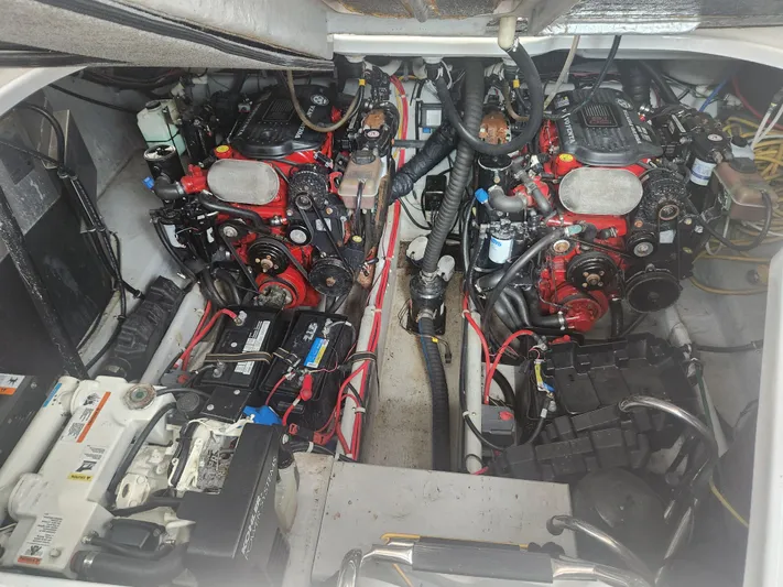 Empty Pockets Yacht Photos Pics Engine compartment of a 2006 Doral Boca Grande boat with dual engines.