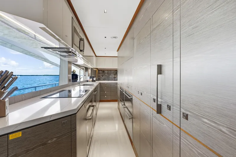 Wild Duck Yacht Photos Pics Luxurious kitchen interior on 2019 Horizon RP110 yacht with ocean view.