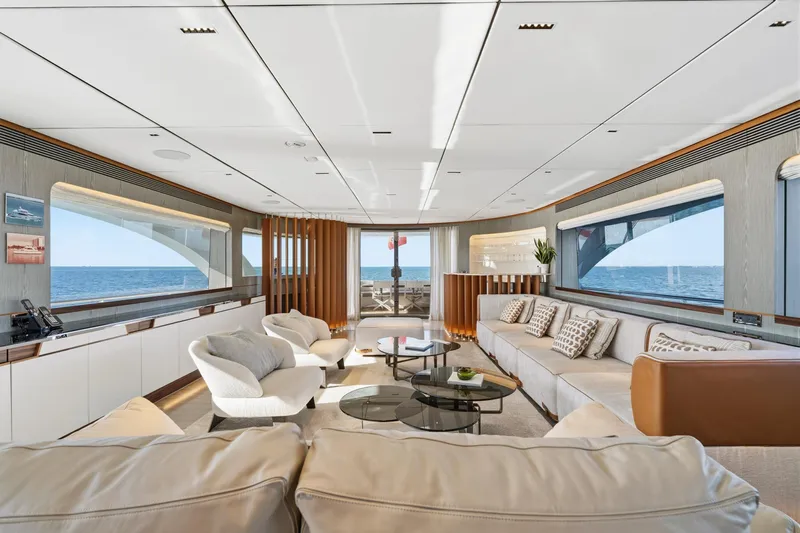 Wild Duck Yacht Photos Pics Luxurious interior of 2019 Horizon RP110 yacht with ocean view and modern furnishings.