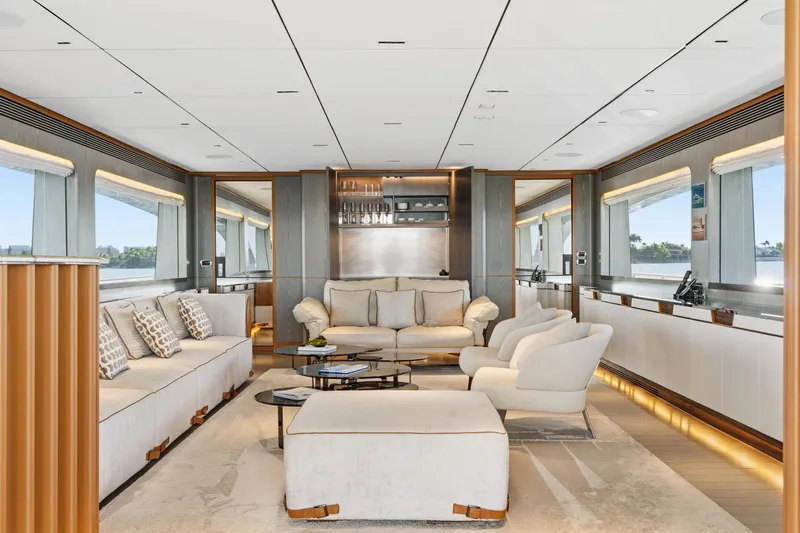 Wild Duck Yacht Photos Pics Luxurious interior of 2019 Horizon RP110 yacht with elegant seating and panoramic windows.