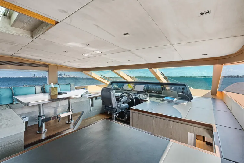 Wild Duck Yacht Photos Pics Luxurious Horizon RP110 yacht interior with modern helm, panoramic windows, and elegant seating, 2019 model.