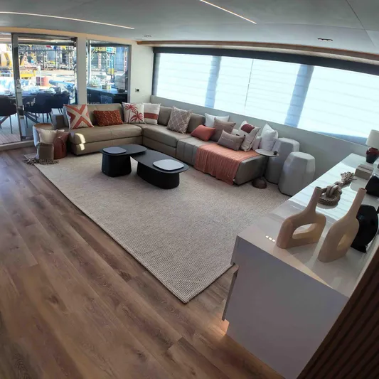  Yacht Photos Pics Luxurious interior of 2027 Inace AVENTURA 106 yacht with modern decor and spacious seating.