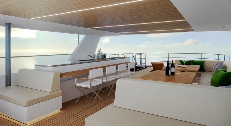  Yacht Photos Pics Luxurious Inace AVENTURA 106 yacht deck with seating, bar, and ocean view, 2027 model.