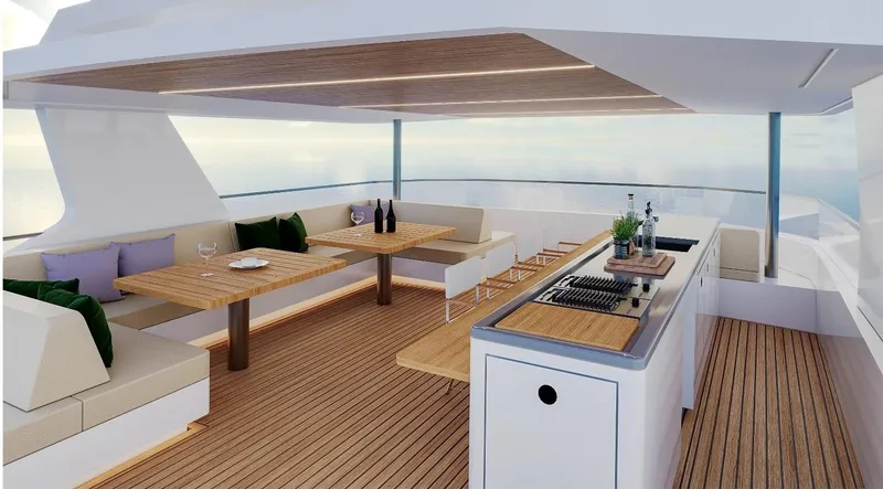  Yacht Photos Pics Luxurious 2027 Inace AVENTURA 106 yacht interior with modern dining and kitchen area.