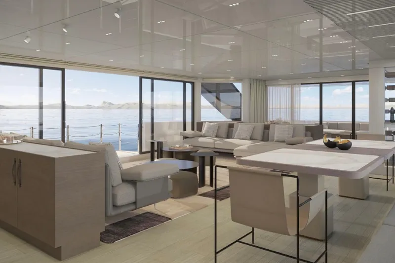  Yacht Photos Pics Luxurious interior of 2026 Sanlorenzo SL120A yacht with ocean view and modern furnishings.
