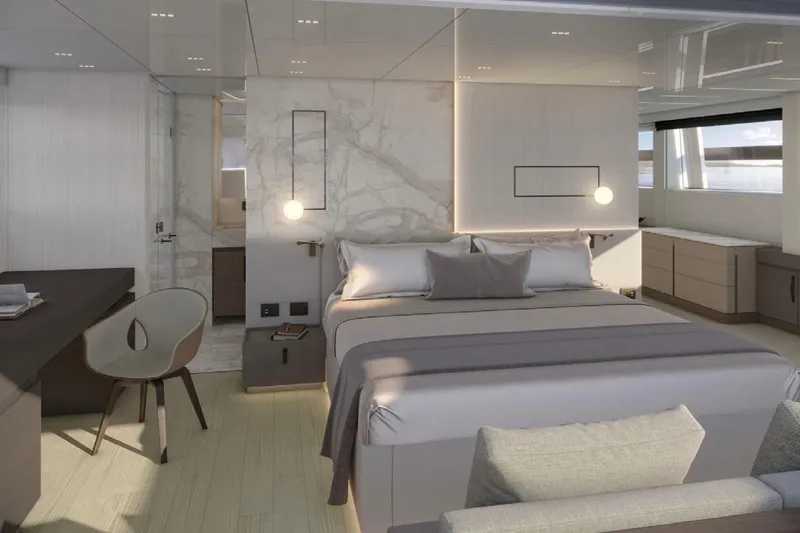  Yacht Photos Pics Luxurious Sanlorenzo SL120A 2026 yacht bedroom with modern design and elegant furnishings.