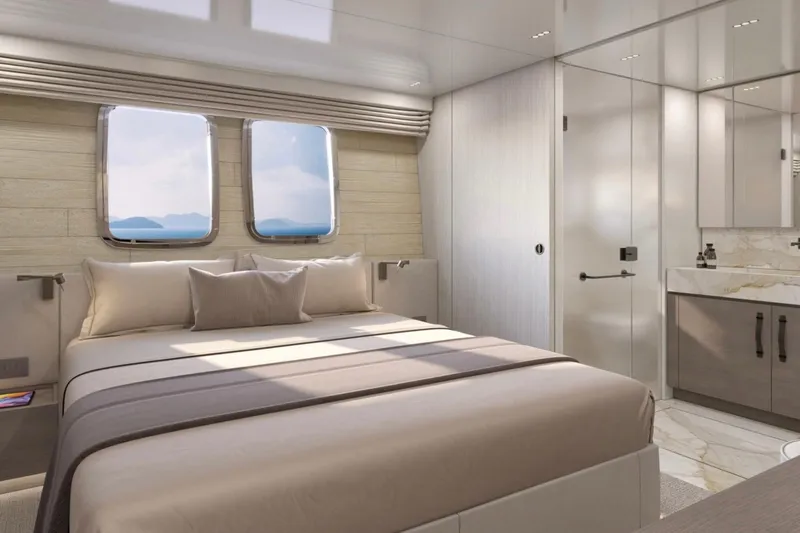  Yacht Photos Pics Luxurious bedroom interior of 2026 Sanlorenzo SL120A yacht with elegant design and ocean view.