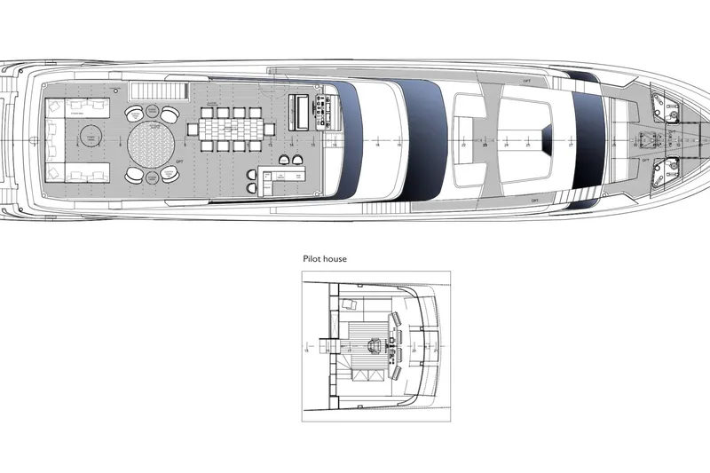  Yacht Photos Pics Blueprint of 2026 Sanlorenzo SL120A yacht, showcasing deck layout and pilot house design.