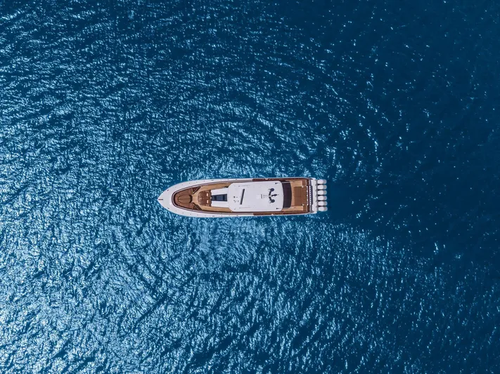 Big Momma Yacht Photos Pics Aerial view of 2023 HCB 65 Estrella yacht on blue ocean water.
