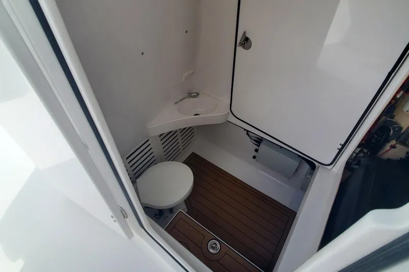 Dragonfly Yacht Photos Pics 2014 Bahama 41 FS boat interior with compact bathroom, featuring a toilet and sink.