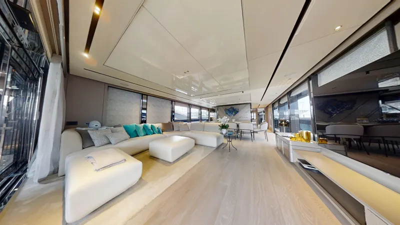 Majic Yacht Photos Pics Luxurious interior of 2023 Sunseeker 100 Yacht with modern furnishings and elegant decor.