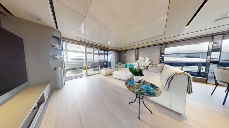 Majic Yacht Photos Pics Luxurious interior of 2023 Sunseeker 100 Yacht with modern furnishings and elegant decor.