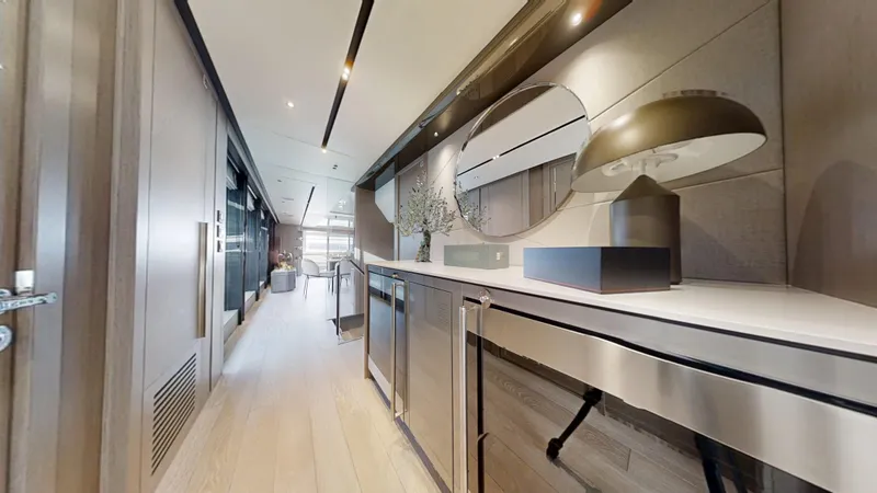 Majic Yacht Photos Pics Luxurious interior of 2023 Sunseeker 100 Yacht with modern decor and sleek design.