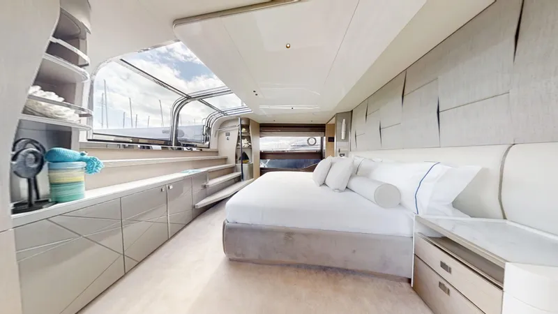 Majic Yacht Photos Pics Luxurious interior of 2023 Sunseeker 100 Yacht with elegant bedroom design.