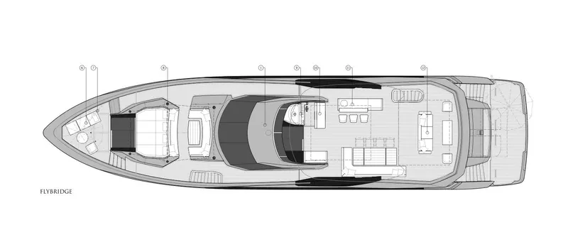 Majic Yacht Photos Pics Top view layout of 2023 Sunseeker 100 Yacht flybridge design.