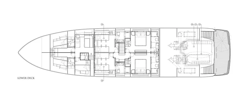 Majic Yacht Photos Pics Lower deck layout of 2023 Sunseeker 100 Yacht, featuring cabins and engine room.