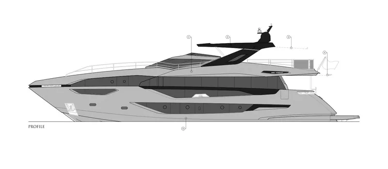 Majic Yacht Photos Pics Side profile sketch of 2023 Sunseeker 100 Yacht, showcasing sleek design and modern features.