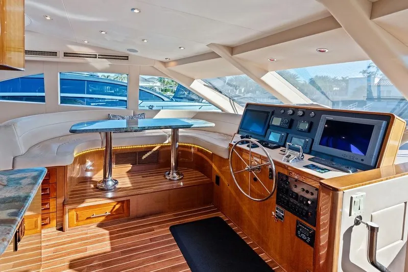 Satellite Office Yacht Photos Pics Luxurious helm of 2008 Hatteras 64 Motor Yacht with modern navigation equipment.