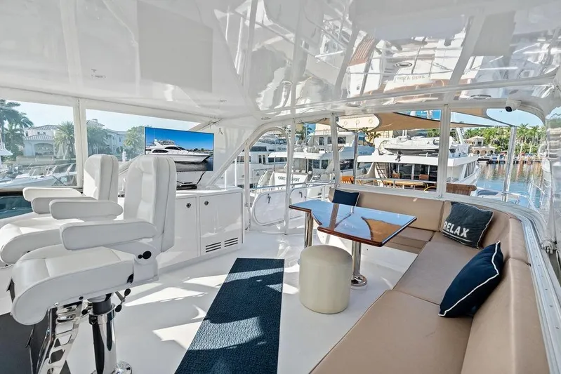 Satellite Office Yacht Photos Pics Luxurious interior of 2008 Hatteras 64 Motor Yacht with seating and helm chairs.