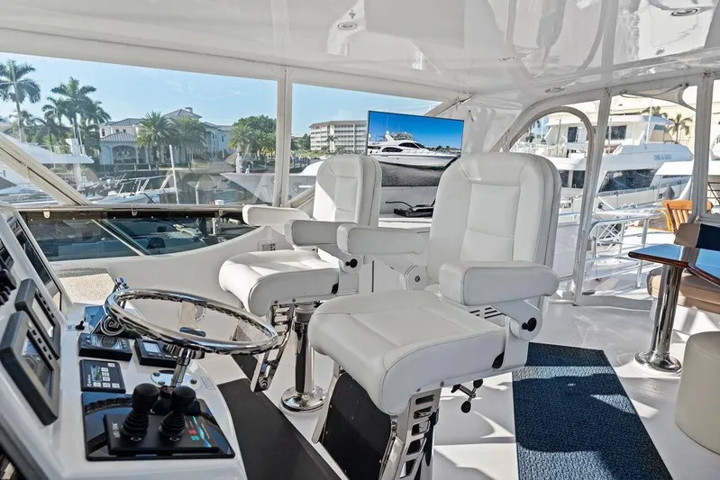 Satellite Office Yacht Photos Pics Luxurious 2008 Hatteras 64 Motor Yacht helm with white leather seating and modern controls.
