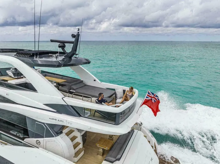 Pearl 72 Indulgence Yacht Photos Pics Luxury Pearl 72 yacht cruising on turquoise waters, 2025 model, with passengers enjoying the view.