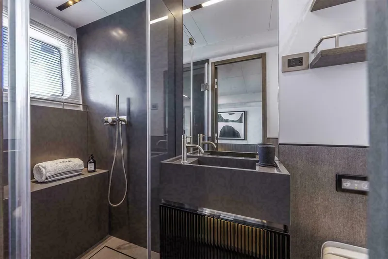 Pearl 72 Indulgence Yacht Photos Pics Modern bathroom in 2025 Pearl 72 yacht with sleek design and luxury fixtures.