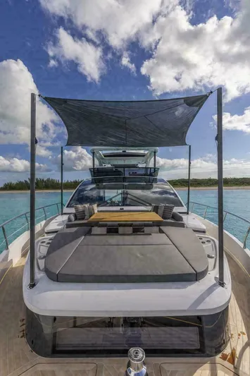 Pearl 72 Indulgence Yacht Photos Pics Luxury Pearl 72 yacht, 2025 model, with sunshade, cruising on clear blue waters.