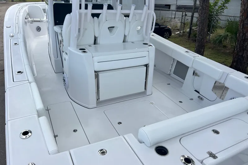  Yacht Photos Pics 2026 Sportsman Open 352 Center Console boat interior with seating and storage compartments.