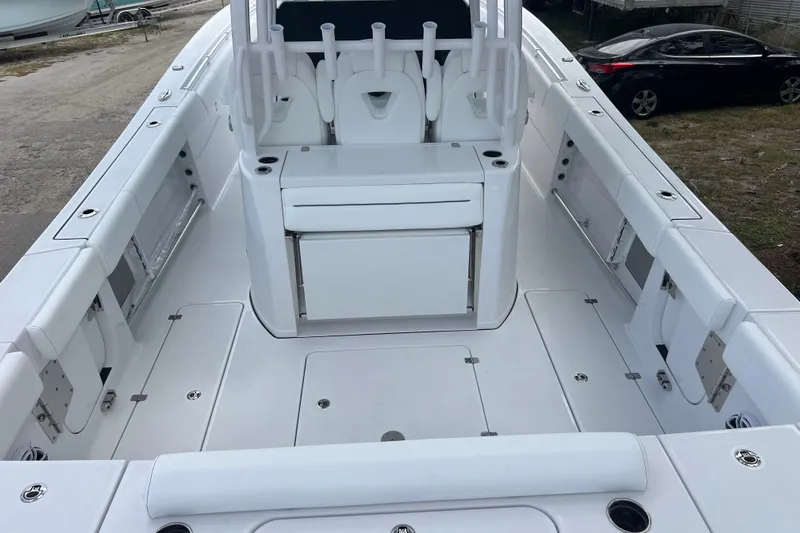  Yacht Photos Pics 2026 Sportsman Open 352 Center Console boat interior, featuring spacious seating and storage.