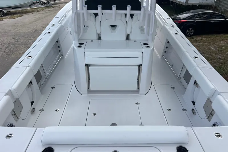  Yacht Photos Pics 2026 Sportsman Open 352 Center Console boat interior, featuring spacious seating and storage.