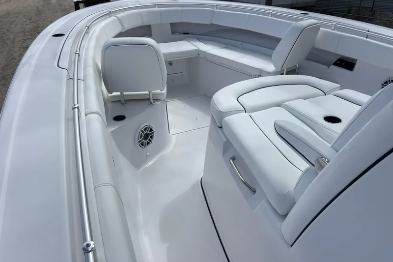  Yacht Photos Pics 2026 Sportsman Open 352 Center Console boat interior with white seating and modern design.