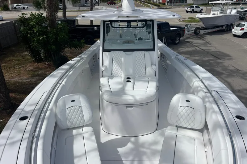  Yacht Photos Pics 2026 Sportsman Open 352 Center Console boat with luxurious white seating.
