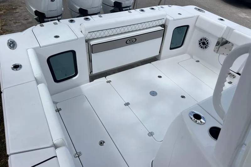  Yacht Photos Pics 2026 Sportsman Open 352 Center Console boat interior with white deck and seating.