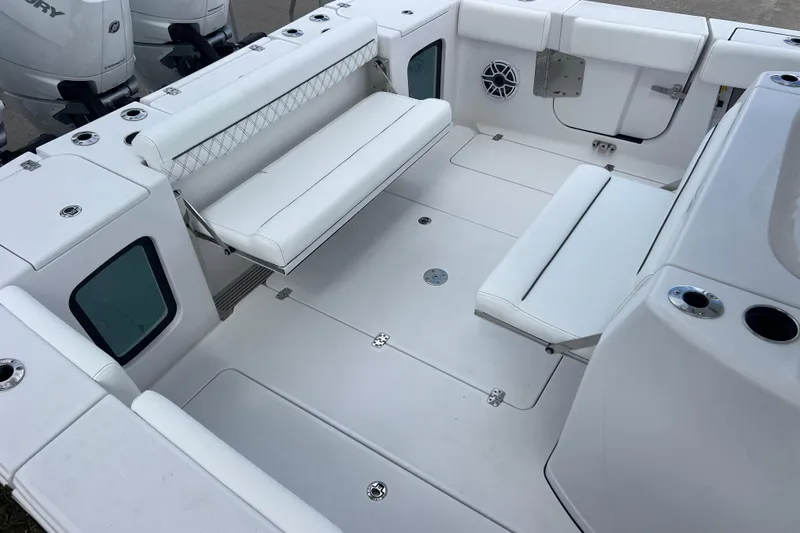  Yacht Photos Pics 2026 Sportsman Open 352 Center Console boat interior with white seating and modern design.