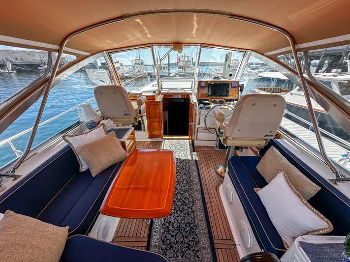 On-rush Yacht Photos Pics Interior of 2000 Grand Banks Eastbay 43 Ex yacht with seating and navigation area.