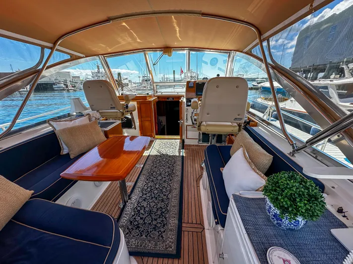 On-rush Yacht Photos Pics Luxurious interior of 2000 Grand Banks Eastbay 43 Ex yacht with elegant seating and helm station.