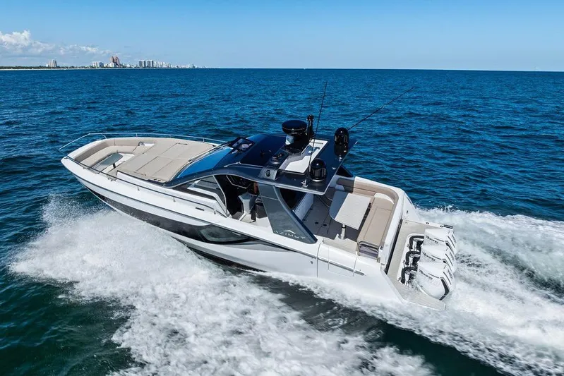  Yacht Photos Pics 2024 Azimut Verve 42 yacht cruising on open sea, showcasing sleek design and powerful engines.