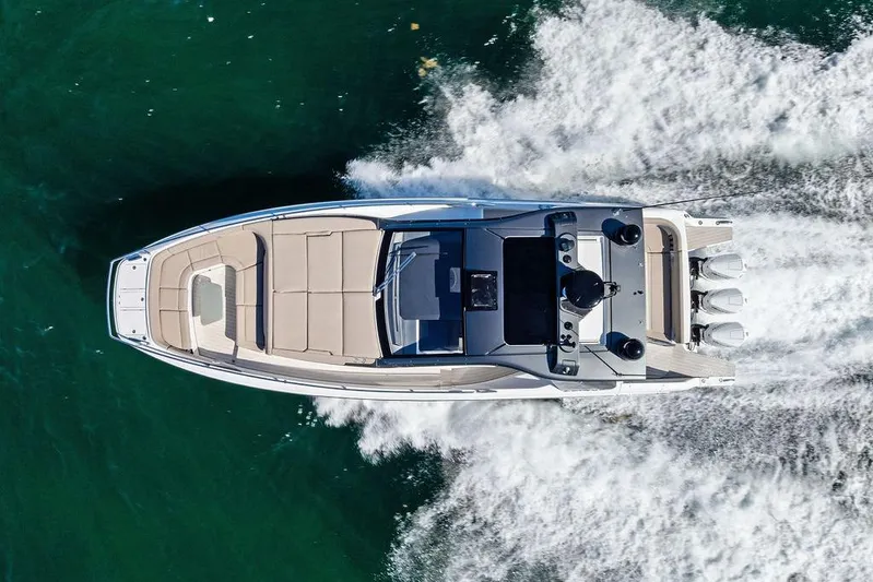  Yacht Photos Pics Aerial view of 2024 Azimut Verve 42 yacht cruising on open water.