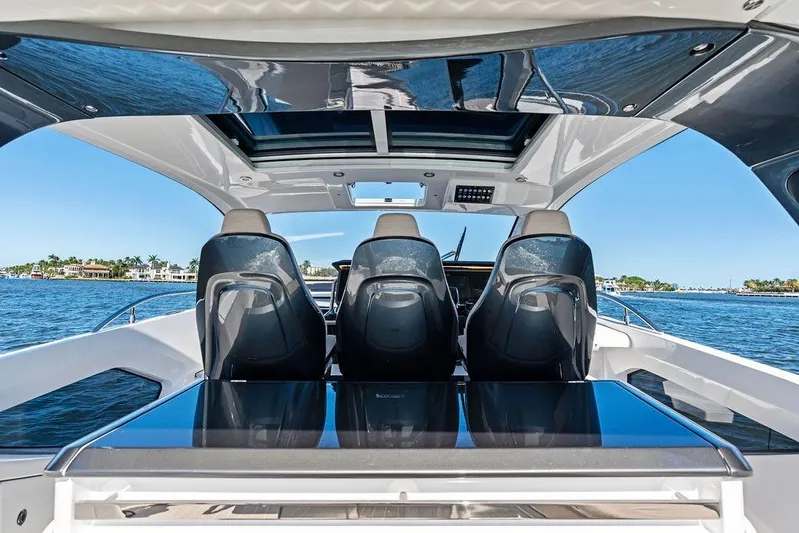  Yacht Photos Pics 2024 Azimut Verve 42 yacht interior with sleek seating and panoramic water view.