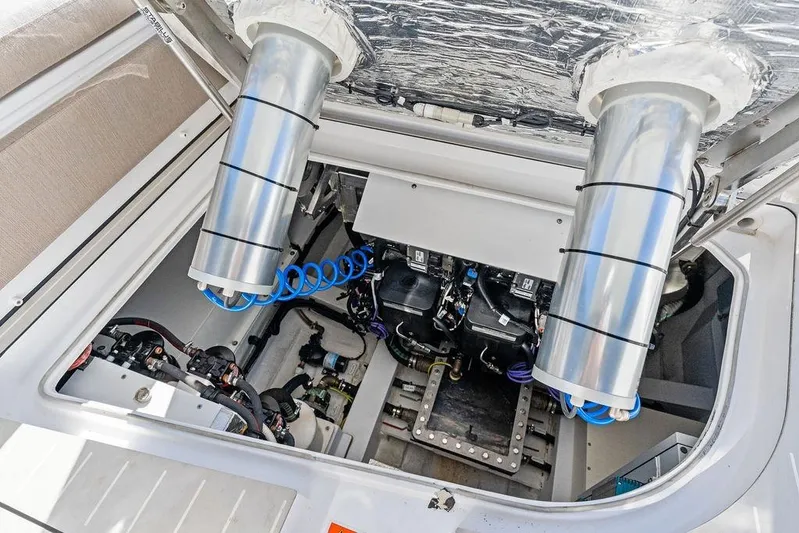  Yacht Photos Pics Engine compartment of 2024 Azimut Verve 42 yacht, showcasing mechanical components and systems.